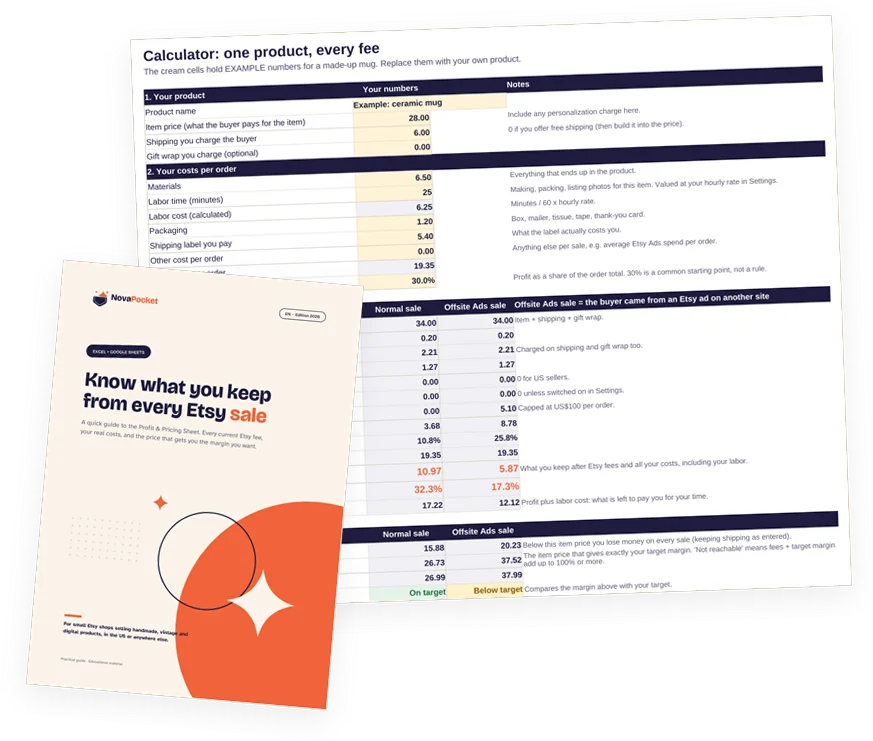 The spreadsheet's Calculator tab with the PDF guide cover in front