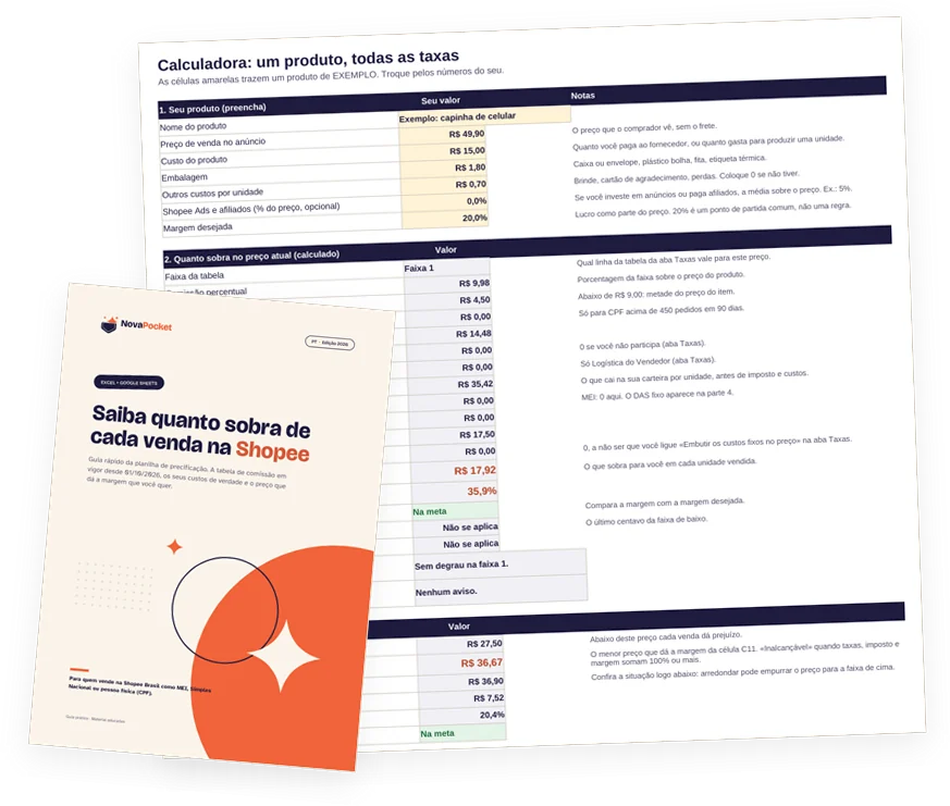 A aba Calculadora da planilha para a Shopee, com a capa do guia em PDF na frente